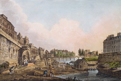 Uitzicht op de Seine van onder een boog van Pont Notre-Dame, 1805 door John Claude Nattes